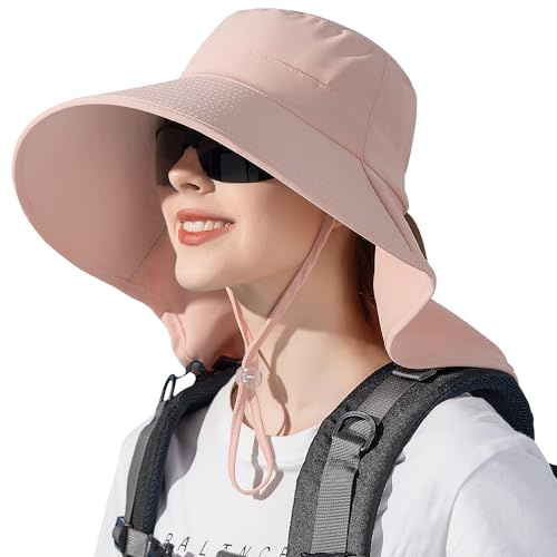 WANYI Sonnenhut Damen mit Nackenschutz Breite Krempe Sommer Sonnenschutz Hut Outdoor Wanderhut UV Schutz Fischerhut mit Pferdeschwanz-Loch für Angler, Garten, Sandstrand 55-60CM
