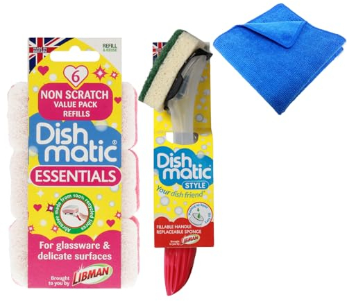 Homlix Fillable Washing up Brush with 6 x Non Scratch Sponge Refills and Homlix EcoWipes Microfiber Cloth