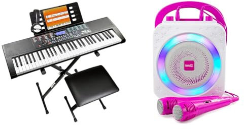 Rockjam 61-Key Keyboard Piano Kit with Keyboard Stand, Piano Bench, Headphones & 10-Watt Rechargeable Bluetooth Karaoke Machine with Two Microphones
