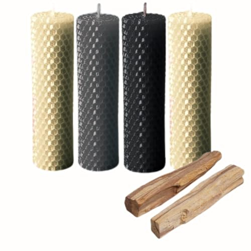 ME HECHIZAS TU® Magischer Ritual für Energiereinigung, Honigkerzen, 100 % natürlich, reines Bienenwachs, Packung enthält (4 Kerzen – ca. 13,7 cm x 2,80 cm) + 2 Palo Santo