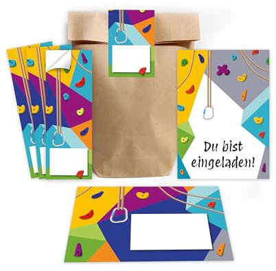 Minkocards 12 Einladungskarten zum Kindergeburtstag Klettern Bouldern Mädchen Jungen Einladung Jungsgeburtstag Mädchengeburtstag incl. 12 Umschläge, 12 Partytüten/natur, 12 Aufkleber