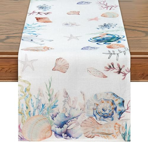 Dremisland Meeresleben Blaues Tischläufer Modern Leinen Tischläufer Abwaschbar Saisonnal Sommer Table Runner Tischdeko Outdoor Küche Tisch Dekoration Für Esszimmer Party Urlaub