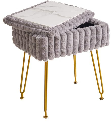 IBUYKE Rectangle Vanity Chair with Storage Space, Footrest Footstool Ottoman, Vanity Stool, Dressing Table Chair, with Anti-Slip Feet, for Makeup Room, Bedroom, Square grid pattern, Grey WBD004G