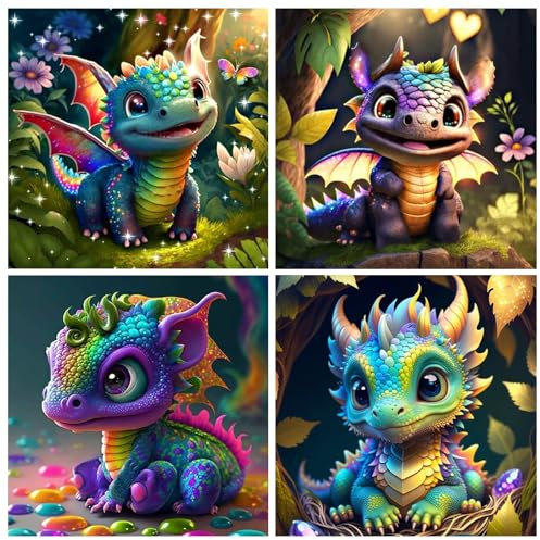 Rongxze 4 Pièces Diamond Painting Dragon, 5D Bricolage Peinture Diamant Complet, Broderie Diamant Kit Complet pour Adultes Enfants Créatifs Décoration D'intérieur, 30x30cm
