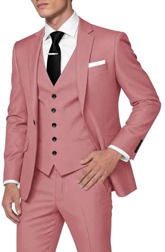 HUUTOE Men's 3 Piece Suits Slim Fit Prom Wedding Suits for Men Suit Summer Blazer Jacket Vest Pants Tuxedo Set, Dusty Rose, M