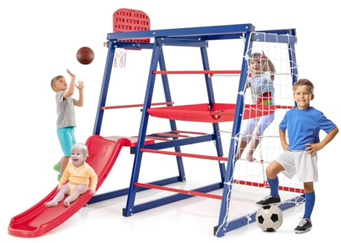COSTWAY 7 en 1 Aire de Jeux en Métal avec Toboggan & Panier de Basketball, Jouet d’Escalade Montessori pour Intérieur Extérieur, Charge 120kg pour 3-4 Enfants de 3-7 Ans,150x142x146cm