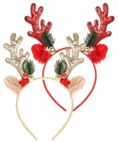 GEEHUA Weihnachtsstirnbänder, Glitzerndes Weihnachts Elchgeweih Stirnband für Frauen und Mädchen, Süße Weihnachts Haarbänder, Zubehör für Partygeschenk, Weihnachtskostüm, Party Zubehör(Gold+Red)