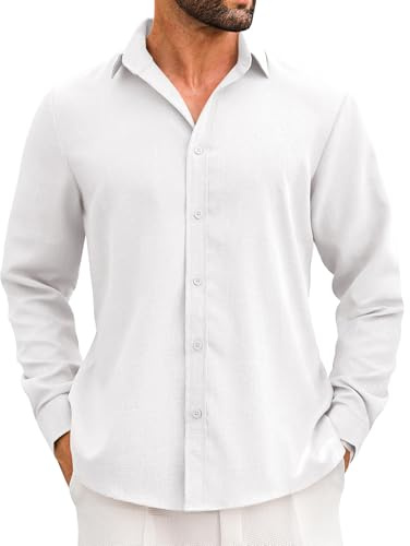 LETSEE Men's Linen Shirts Long Sleeve Untucked Casual Button Down Shirts for Men Business Dress Clothes Fashion Beach Tops, White, Large