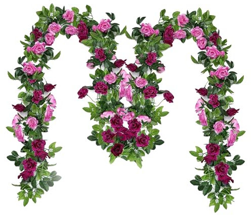 5Pcs Artificial Rose Flower Garland Double Color 2.3M/7.5FT Fake Rose Vine Silk Flowers Hanging Rose Ivy for Outdoor Indoor Wedding Wall Bedroom Decoration, Fuchsia