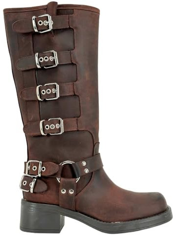 Ovyé Stivali Moro, Pelle Nabuk, Biker con Fibbie Tacco 4,5 cm Marrone