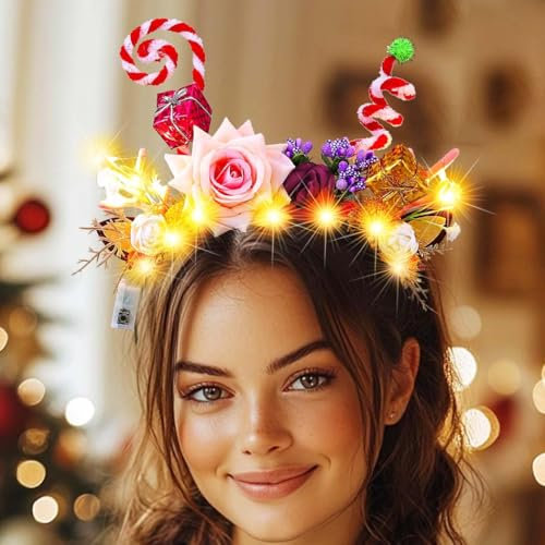 Jovono Serre-tête de Noël en forme de renne lumineux avec LED pour femme (Floral)