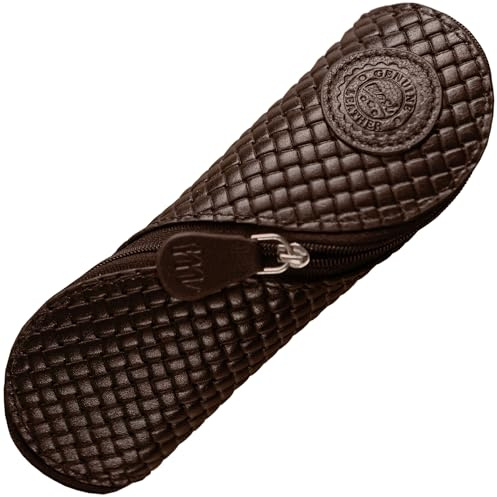 MOSI Genuine Leather Pencil and Reading Glasses Case - Authentic and Unusual Handmade Vintage Gift Pouch (Lattice Brown)
