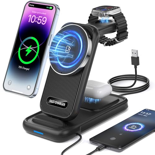 Stazione di ricarica wireless 4 in 1 da 15 W, ricarica rapida wireless per più dispositivi, supporto di ricarica per smartphone e smartwatch, compatibile con iPhone Samsung xiaomi Apple Watch e