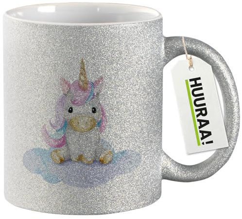 Huuraa Glitzer Tasse Einhorn Fabelwesen Geschenk 330ml Silber Einhorn Präsent