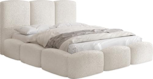 WFL GROUP Polsterbett 120x200 mit Bettkasten und Lattenrost – Beige Bett mit hohem Kopfteil, Boucle oder Samt Stoff - Modernes Doppelbett mit Stauraum – Bettgestell, ohne Matratze – Harmony - Creme