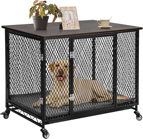 Aivituvin Hundekäfig Möbel, große Bewegliche hundebox für zuhause, Indoor Hundekennel für kleine, mittlere und große Hunde, Holzhundehaus mit Kissen, Ablagetrog und Drahtboden (schwarz, XL)