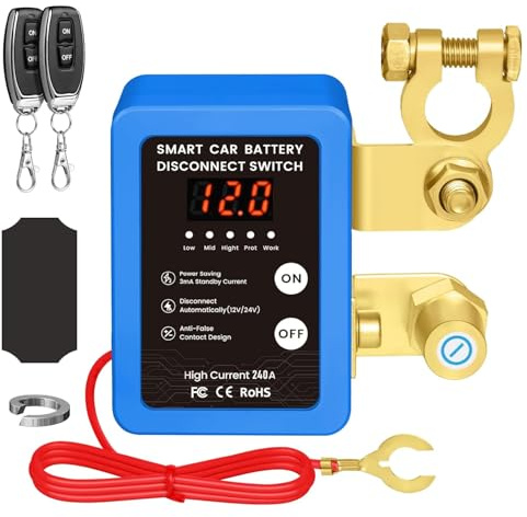Coupe Circuit Batterie 12V, Coupe Circuit, Disjoncteur de Batterie Télécommandé Sans Fil, Interrupteur D'arrêt Automatique avec Affichage LED pour Voiture, Camping-Car, ATV, Bateau (Blue)
