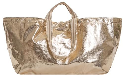brasibrasi bigger glitter gold XXL Shopper Tasche, Gold Glitter Streifen, 50/80 x 30 x 35 cm, 100% Polyester, Reißverschluss, Innentaschen, Kurze und Lange Henkel