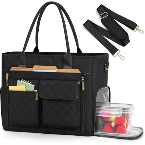 RAINSMORE Teacher Work Bag Laptop Bag with Lunch Compartment 15.6 Inch Laptop Tote Bags for Women Ladies Laptop Handbag for Nurses Office College Black
