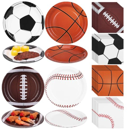 UPKOCH Ensemble Fête Sport Multisports 70 Pièces Assiettes en Carton 9 Pouces et Serviettes Papier Football Américain, Basketball, Baseball et Football, Décoration Anniversaire Thème