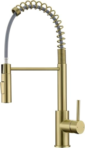 CECIPA Wasserhahn Küche Hochdruck, Küchenarmatur Mit Herunterziehbare Brause, Mischbatterie Küche Zwei Sprühfunktionen, Hoher Bogen Spültischarmatur 360° Drehung, Armatur Küche Gold Gebürstet