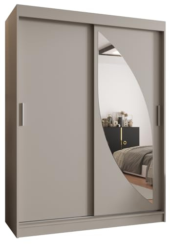 Kryspol - Kleiderschrank mit Spiegel - Schwebetürenschrank - Kleiderschrank 150 cm Breit x 200cm(H) x 62cm(T), 2 Türen, Laminierte Möbelplatte, Schiebetürenschrank Milo 150, Farbe Kaschmir