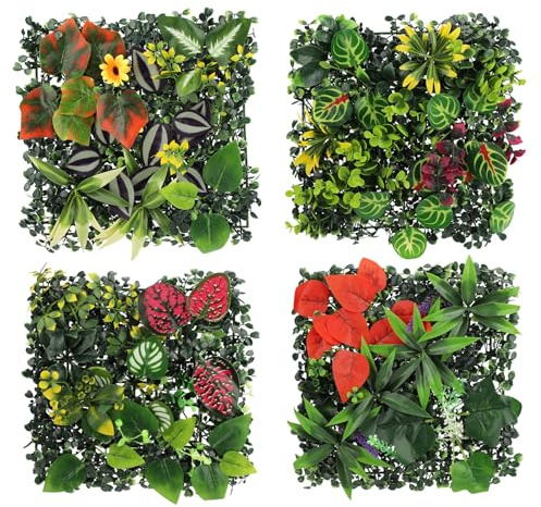 STOBBEY 4Pcs Artificial Green Wall Panels, 25x25cm Mixed Fake Plant Wall Mat, Faux Leaves Hedge Panels, Realistic Flower Living Wall Panels for Decor Privacy Fence Indoor Outdoor Garden (A)