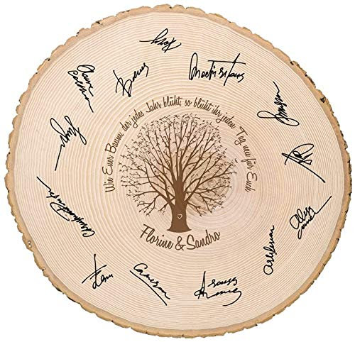 Casa Vivente Große Baumscheibe mit Gravur zur Hochzeit Personalisiert mit Namen, Wie Euer Baum, der jedes Jahr blüht, Türschild aus Holz, Gästebuch, Dekoration, Hochzeitsgeschenke für Brautpaar