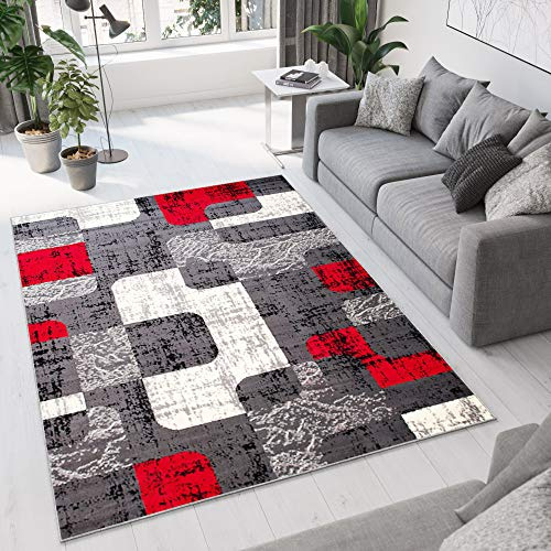 TAPISO Dream Teppich Wohnzimmer Schlafzimmer Kurzflor Modern Grau Rot Creme Karo Retro Vierecke Meliert ÖKOTEX 160 x 230 cm