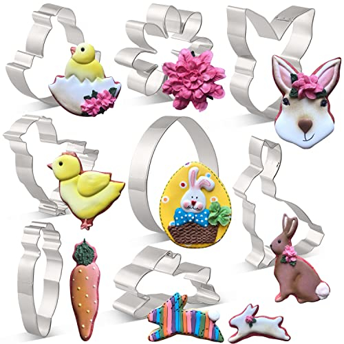 KENIAO Ostern Ausstecher Set Frühling Fondant Ausstechformen für Kinder - 8 Stück - Häschen, Karotte, Osterei, Blume, Häschengesicht, Küken, Ein Küken aus der Schale & Springender Hase - Edelstahl