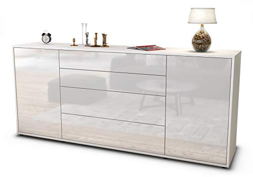 Stil.Zeit Sideboard Elettra, Korpus Weiss matt, Front Hochglanz Weiß (180x79x35cm) Push-to-Open Technik & Leichtlaufschienen