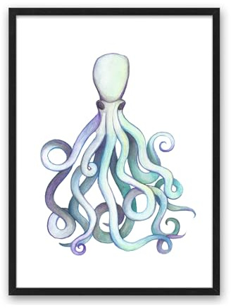 Din A4 Kunstdruck ungerahmt - Krake Tintenfisch Oktopus Meerestier Ozean Maritim Aquarell, blau Deko, Badezimmer Geschenk Druck Poster Bild