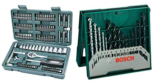 Mannesmann M29166 - Maletín con juego de llaves de vaso y puntas de destornillador (130 piezas) & Bosch Mini X-Line - Set de 15 brocas mixto: mini x-line (ref. 2607019675)