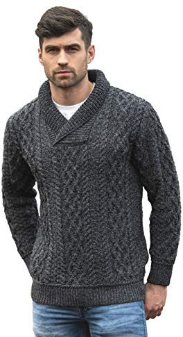 Aran Crafts Herren weicher irischer Zopfstrick-Pullover mit Schalkragen (100 % Merinowolle), Charcoal Marl, Mittel
