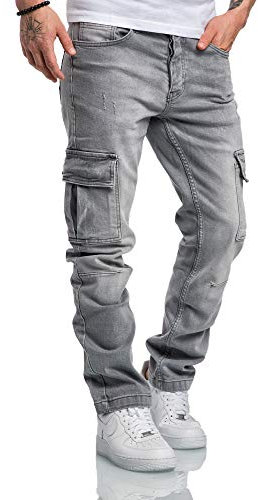 Amaci&Sons Herren Cargo Jeans Regular Slim Denim Hose Destroyed 7985 Hellgrau W34/L32