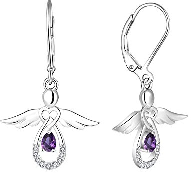 FJ Damen Schutzengel Ohrringe 925 Sterling Silber Hängend Amethyst Februar Geburtsstein Schmuck Geschenke für Frauen Mädchen
