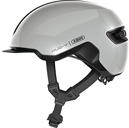 ABUS Urban Helm HUD-Y - mit magnetischem, aufladbarem LED-Rücklicht & Magnetverschluss - cooler Fahrradhelm für den Alltag - für Damen und Herren - Grau Glänzend, Größe L, L (57-61 cm)