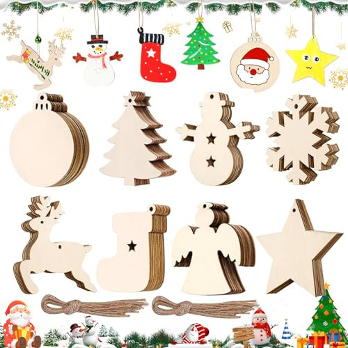 80 Pz Decorazioni Natalizie Legno Palline, Palline Natalizie Rotonde Legno, Decorazioni Per Albero di Natale Fai da Te, Stella, Albero, Pupazzo di Neve, Disco, Per Etichette Regalo e da Appendere