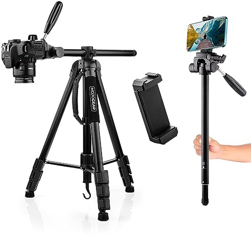 MOJOGEAR 179cm 3-in-1 Tripod: Tripod, Monopod & Horizontal Arm for Top Shots - with Phone Holder and Tripod Carrying Bag - Large Tripod for Smartphone Phone and Camera - Smartphone Tripod - Black