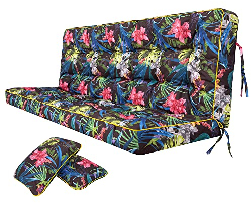 Bankauflage für Gartenbank, Polsterauflage für Hollywoodschaukel, Gartenschaukelkissen, Sitzkissen und Rückenkissen, gesteppt, inkl. 2 Seitenkissen, 140 x 49 x 56 cm - Blumen und Blätter
