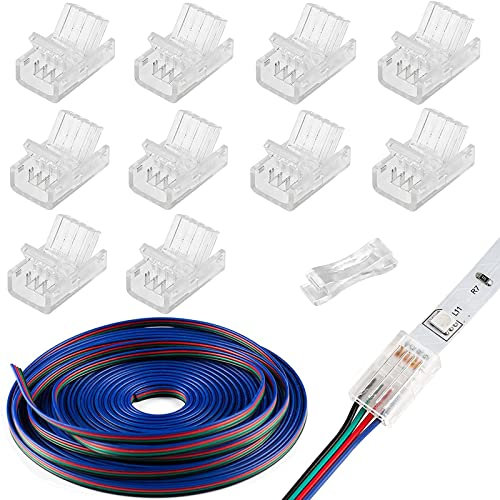 HOMELYLIFE 10 Pack LED Strip Connectors 4 Pin for 10mm Waterproof RGB 5050 LED Strip Lights, Include 16.4ft 5m Extension Cable, Strip to Wire Quick Connection Without Stripping and Welding