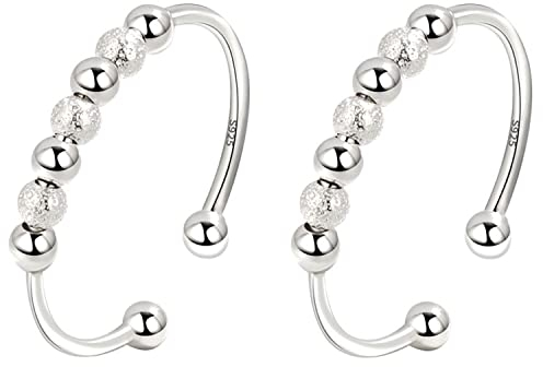 VELESAY 925 Sterling Silber Anxiety Ring Spinning Ringe mit Perlen Band Ring Stapelbar Fidget Verstellbar Ringe Angst Ringe für Damen Frauen Spinner Ringe Perlen Rotieren Ring Stapelbare Fidget Ringe