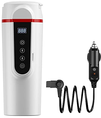 Baceyong 12V/24V 420ML Stainless Steel Car Electric Thermal Mug, Portable Travel Thermos Heating Cup, Cooking for Coffee Milk Tea Water Drink, White/Black