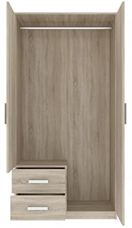 Oggi Saravena Zweitüriger Kleiderschrank mit Zwei Schubladen Breite 100 cm Minimalistisches modernes Design aus Schichtstoffplatte für Wohnzimmer Schlafzimmer Arbeitszimmer Eiche Sonoma