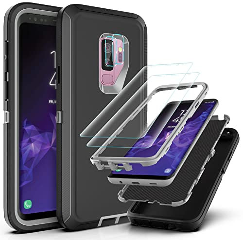 YmhxcY for Galaxy S9 Plus Case with Self Healing Flexible TPU Film[2 Pack] and Camera Lens Screen Protective Film[2 Pack],Heavy Protection Cover For Samsung Galaxy S9 Plus-Black/Grey