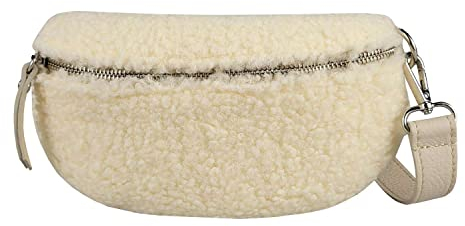 Made in Italy Damen Leder Gürteltasche Crossbody Teddyfell Bauchtasche Hüfttasche Kunstfell Umhängetasche Brusttasche Crossover Bodybag Schultertasche Handytasche Teddy Pelz Fell Plüsch Beige