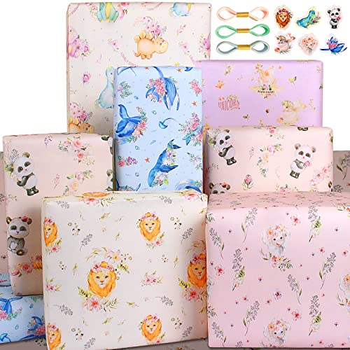 Geschenkpapier Baby Junge Baby Mädchen Geschenkpapier Geburtstag Kinder,Tiere Geschenkpapier Geburt und Rosa Blau Löwe Panda Einhorn Dino Elefant,öko Packpapier Geschenkpapier Set für Baby Shower