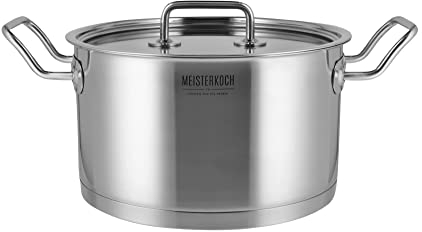 MEISTERKOCH Topf Kochtopf Fleischtopf 24 cm Induktion, Edelstahl unbeschichtet inkl. Glasdeckel | 13,5 cm hoher Rand, 5,5 Liter Volumen | spülmaschinengeeignet, für alle Herdarten geeignet