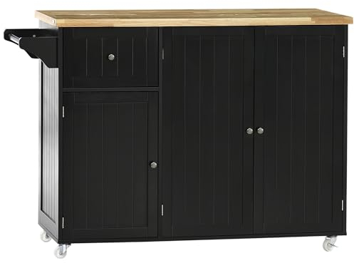 HOMCOM Isla de Cocina con Ruedas Carro de Cocina con Cajón 3 Puertas Estantes Ajustables y Toallero Mueble Auxiliar de Cocina para Comedor 135x45x94,5 cm Negro