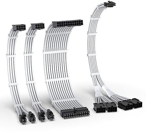 EZDIY-FAB Kit di Cavi con Manicotto PCIE 5.0 12VHPWR,Prolunga del Cavo di Alimentazione 16AWG,Cavo di Estensione da 24 PIN-ATX/(4+4) PIN-EPS/(12+4) PIN a 4X 8 PIN PCIE- RTX4090/4080/4070Ti-Bianco